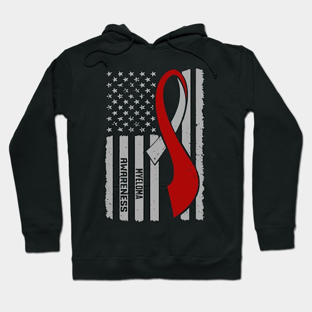 Myeloma Awareness Patriotic Flag Burgundy Ribbon In This Family No One Fights Alone T-Shirt Hoodie by Mayla90